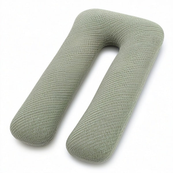 Almohada corporal en U 140 cm de tejido verde texturizado para descanso y apoyo
