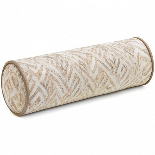 Cojín cilíndrico 15 x 45 cm de tela beige con estampado geométrico decorativo