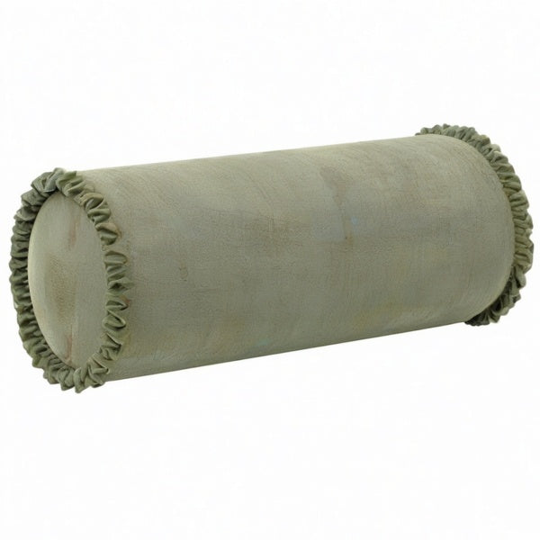 Cojín cilíndrico 20 x 50 cm de tejido verde salvia decorativo con volantes