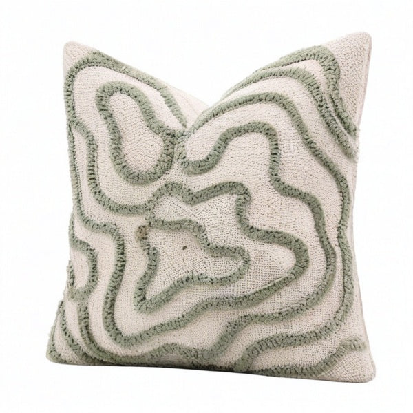 Cojín cuadrado 45 cm de algodón beige y verde con relieve decorativo