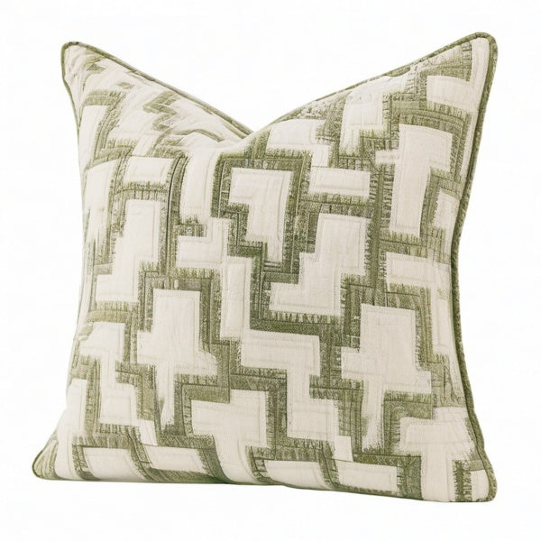 Cojín decorativo cuadrado 45 cm de tejido verde y beige con relieve geométrico