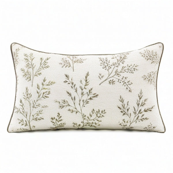 Cojín decorativo 50 x 30 cm de tejido beige y verde con estampado botánico - estilo natural