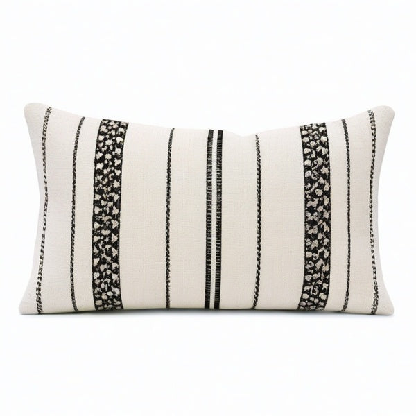 Cojín lumbar 50 x 30 cm de tejido beige y negro decorativo de rayas