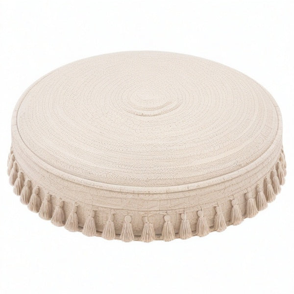 Cojín de suelo redondo 60 cm de algodón beige con borlas estilo bohemio
