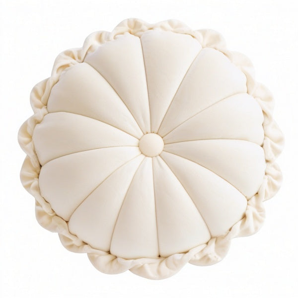 Cojín redondo 45 cm de tejido aterciopelado crema decorativo con volante floral
