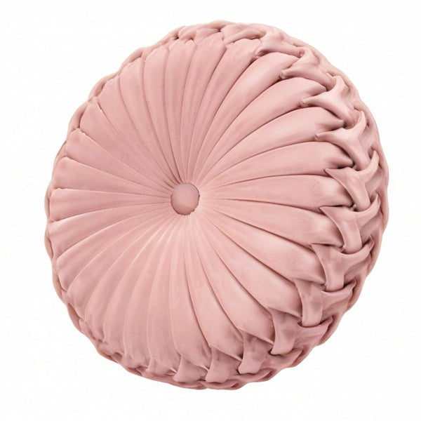 Cojín redondo 40 cm de tejido aterciopelado rosa para decoración con pliegues