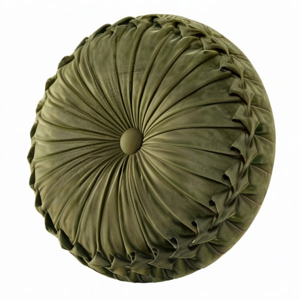 Cojín decorativo redondo 45 cm de terciopelo verde con pliegues